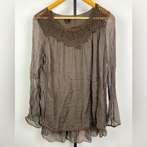 Carla Conti Brown‎ Pintuck Pure Silk Long Sleeve Crochet Trim Blouse Top